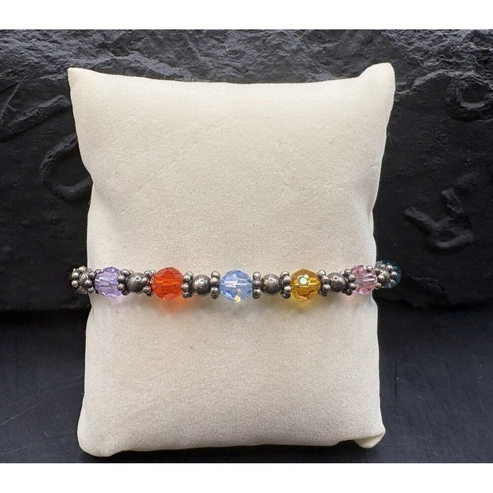 Sterling Silver Awareness Ribbon Charm 925 Bar Beaded Crystal Bracelet 7inch CCA